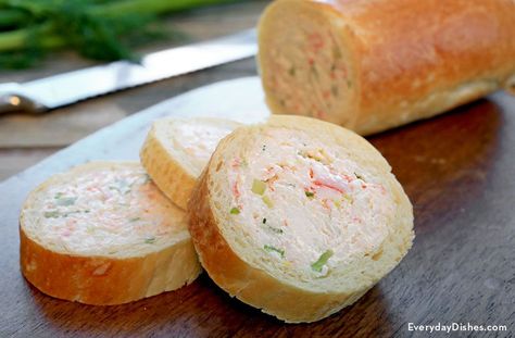 A delicious crab and cream cheese filling makes this baguette recipe perfect for appetizers or lunch. Crab And Cream Cheese, Stuffed Baguette, Baguette Recipe, Crab Stuffed, Make Ahead Appetizers, Leftover Bread, Pasta Carbonara, Everyday Dishes, Party Appetizers