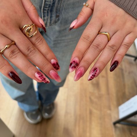 it girl nails 🐆 deep cherry mix and match nails for aleena. always grab an outfit shot on her way out because i trust she’s planned the nails to coordinate lol I keep saying this, but definitely my favourite set I’ve ever done (so far? lmao) builder gel nails + one extension ☝🏻 this combo of aura, flowers, blooming gel, french + glitter was absolutely lovely to create and although I went a bit non verbal while working out the steps I’m absolutely in love with it 🤣 i’m cait, a colchester ... Pink Mix Match Nails, Mix Match Valentines Day Nails, Blooming Gel Valentines Nails, Almond Blooming Gel Nails, Valentines Day Nails Blooming Gel, It Girl Nails, Mix And Match Nails, Match Nails, Mix Match Nails