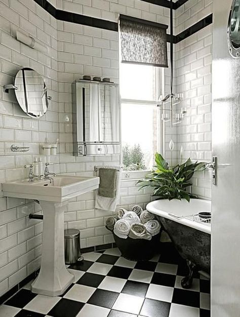 10 Gorgeous Black and White Bathrooms for a Vintage Look – The Colorado Nest Claw Foot Bathtub, Black White Bathrooms, White Bathroom Tiles, Black And White Bathroom, Bathroom Color Schemes, White Subway Tiles, Victorian Bathroom, Black And White Tiles, Bathroom Color