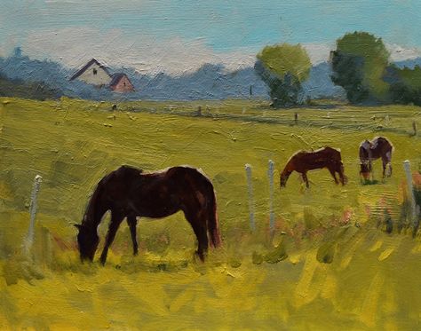 Horse Painting Simple, Horse Painting Landscape, Painting Ideas Horse, Farm Painting Ideas, Ranch Paintings Canvas, Two Horses Painting, Easy Farm Paintings, Ranch Paintings, Horse Painting Ideas