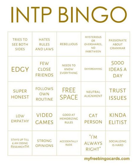 INTP Bingo (original source unknown) Entj Bingo, Intj Bingo, Mbti Traits, Mbti Bingo, Entj Commander, Entj Women, Intj Entj, Personalidad Enfp, Istj Personality