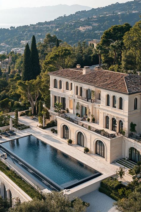 French Riviera House, French Mansion Interior, Modern French Mansion, French Chateau Pool House, Mansion Exterior French, French Countryside Mansion, French Riviera Aesthetic, French Style Mansion, French Pool