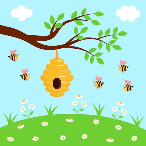 Nursing Station, Bee Cartoon, Honeybee Art, Cute Bees, Landscape Vector, Bee House, Bee Painting, Cartoon Bee, Bee Bee