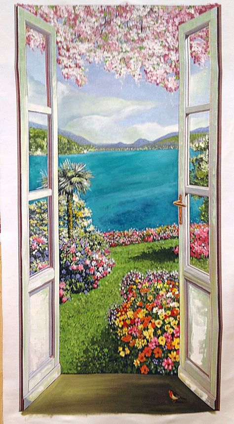 Window Landscape Painting, Door With Flowers Painting, Cottage Art Painting, Painting Of A Window, Window View Painting, Window Painting Ideas, Windows Painting, Beautiful Paintings Of Nature, View Painting