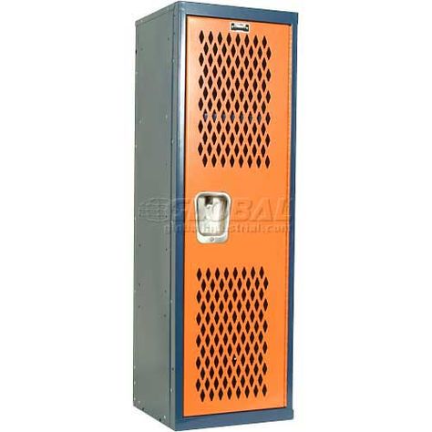 Lockers | Stadium & Gear | Hallowell HTL151548-1JH Home Team Locker, 1 Wide Unassembled, 15x15x48, Dark Blue Body / Orange Door | B880284 - GlobalIndustrial.com Kids Locker, Sports Locker, Basketball Room, Home Lockers, Orange Door, Metal Lockers, Tier 1, Orange House, Office Furniture Accessories