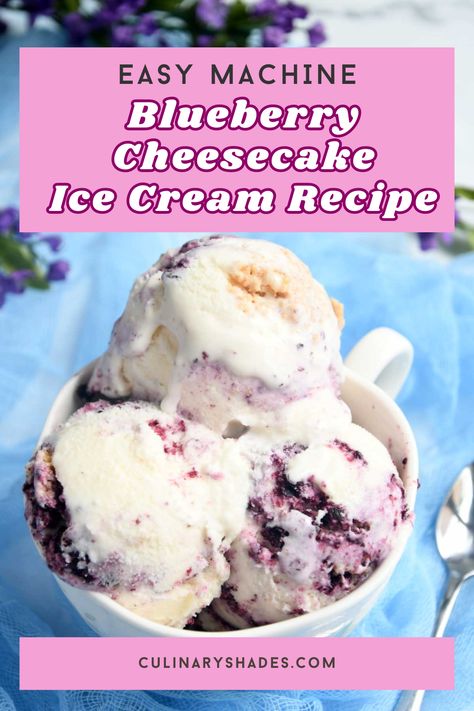 This ice cream combines cream cheese and yummy blueberries and turn it into irresistible frozen dessert. It's a delightful way to enjoy the flavor of blueberries in frozen form. Blueberry Cheesecake Ice Cream Recipe, Frozen Custard Recipes, Blueberry Ice Cream Recipe, Blueberry Cheesecake Ice Cream, Cheesecake Ice Cream Recipe, Strawberry Cheesecake Ice Cream, Dessert Cravings, Cuisinart Ice Cream Maker, Kitchen Aid Recipes