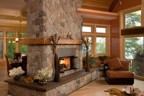 Cultured Stone, Double sided fireplace. Meredith NH Fireplace Rocks, Stone Fireplace Decor, Center Fireplace, Double Fireplace, Mantel Shelves, German Smear, Red Cabin, Rock Fireplace, Two Sided Fireplace