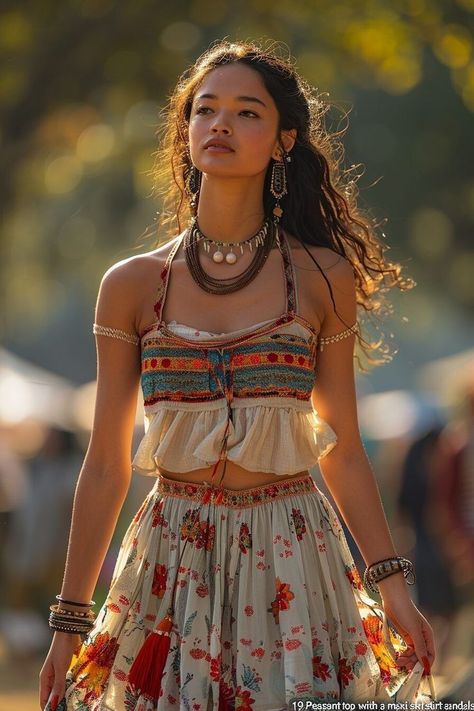 Romantic Bohemian Aesthetic, Bohemian Outfits Women, Bohemian Aesthetic Outfit, Hippie Boho Outfits, Sunset Outfits, Outfits To Impress, Hm Outfits, Strappy Blouse, Dinner Under The Stars