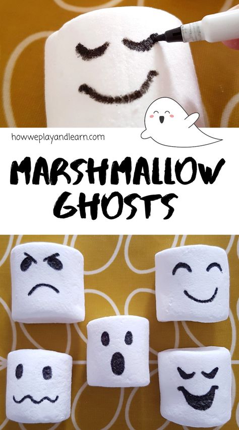 Marshmallow ghosts Halloween Ghost Fruit Kabobs, Marshmallow Halloween Ideas, Marshmallow Ghosts Halloween, Marshmellow Halloween Treat, Marshmallow Ghost Craft, Ghost Fruit Skewers, Halloween Popcorn Hands, Marshmallow Eyeballs, Ghost Marshmallows