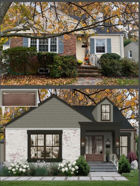 Before And After Bungalow Exterior, Painted Brick And Vinyl House Exterior, Current Exterior House Color Trends, Small House Exteriors, Small House Exterior, Exterior House Renovation, Smaller Homes, House Makeovers, Exterior House Remodel