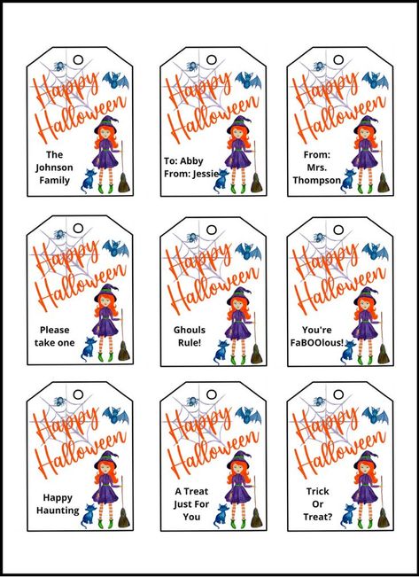 Personalized Halloween treat bag tags free printable with cute witch, black cat, bat and spider web. Great for little kids or adults as labels or toppers for Halloween goodie bags. Treat Tags Printable Free, Halloween Pencil Tags Printable, Free Halloween Tags For Treat Bags, Trick Or Treat Tags Free Printable, Diy Halloween Gift Tags, Halloween Treat Bags Diy Free Printable, Happy Halloween Free Printable Tags, Halloween Bag Tags Free Printable, Halloween Goodie Bag Tags Printable