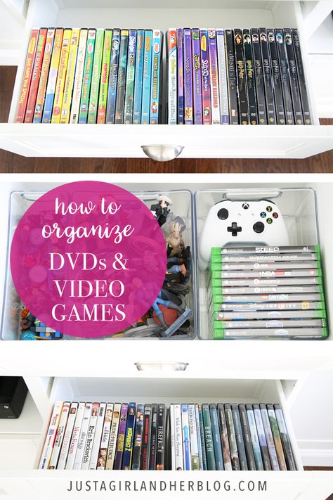 Organize DVDs and video games quickly and easily with these simple tips! These strategies will make it so much easier to find the movie or game you're looking for! | #organization #dvdorganization #organizedlivingroom #livingroomorganization #organizedvideogames #entertainmentcenter #ikea #besta #ikeabesta #whitelivingroom #organizeddvds Organizing Dvds Ideas Storage, Organizing Dvds, Boardgame Storage How To Organize, How To Organize Dvd Collection, N64 Game Storage, Organize Dvds, Space Games For Kids, Video Game Organization, Dvd Organization