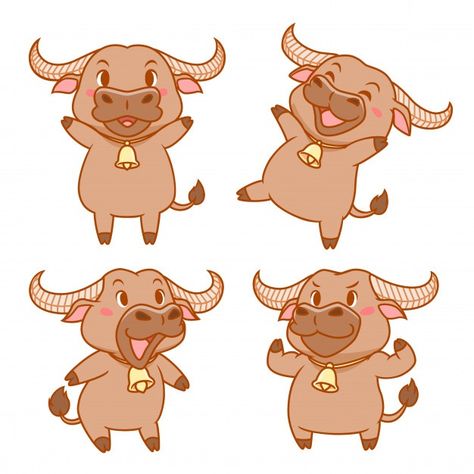 Set of cute cartoon buffalo in different... | Premium Vector #Freepik #vector #character #cartoon #animal #farm Ox Cartoon, Buffalo Cartoon, Buffalo Animal, Buffalo Art, Inkscape Tutorials, Cow Illustration, New Year Illustration, Flat Logo, Different Poses