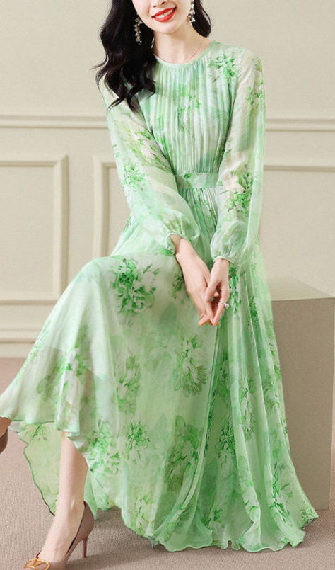 Enjoy the much cheaper items sold by omychic. don't miss 60-80% OFF store prices Long Sleeve Chiffon Maxi Dress, Korean Fashion Chic, Long Sleeve Silk Dress, Light Green Dress, Maxi Dress Long Sleeve, Print Chiffon Maxi Dress, Chiffon Summer Dress, Silk Maxi Skirt, Frock For Women