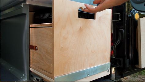 Van Drawers Storage Ideas, Installing Drawer Slides, Vans Slides, Ford Transit Connect Camper, Transit Connect Camper, Recessed Storage, Fridge Drawers, Ikea Drawers, Kitchen Box