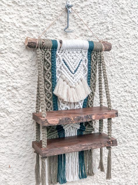 MADE TO ORDER double shelf macrame wall hanging | Etsy Macrame Shelf, Stain On Pine, Knot Tying, Craft Room Storage, Macrame Patterns, Wood Shelves, Macrame Wall, Macrame Wall Hanging, Wall Hangings