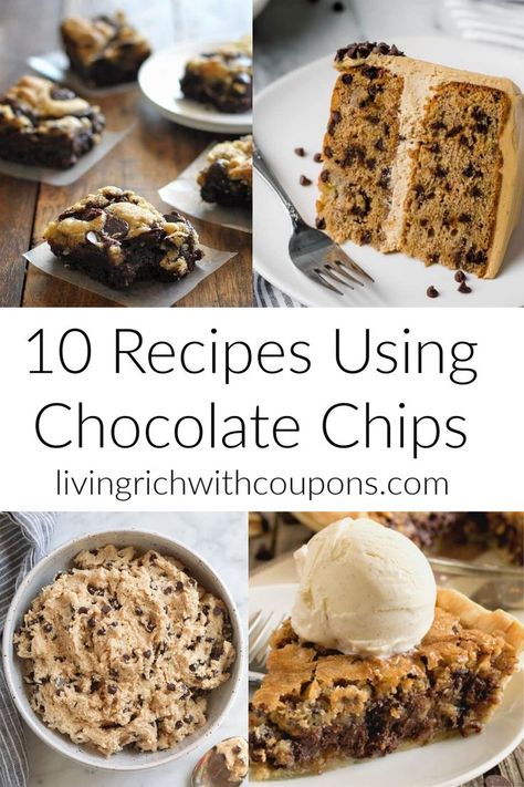 Move over chocolate chip cookie! There are more ways than this to add chocolate chips to your recipes. From desserts, to cooling treats and breakfast recipes, get lots of delicious ideas for using those chocolate chips you have in your pantry. #chocolatechiprecipes #chocolatechips #chocolate #dessert Recipes Using Chocolate Chips, Chocolate Chip Bread Pudding, Banana Chocolate Chip Cake, Chocolate Chip Cookie Brownies, Living Rich, Chocolate Chip Cookie Cheesecake, Chocolate Chip Cookie Cups, Desserts With Chocolate Chips, Chocolate Chip Waffles