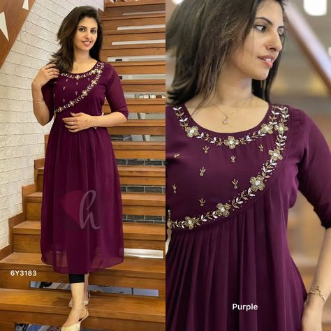 New arrivals Semi occasionally wear handwork kurti Faux Georgette kurti with piping 999-+ ship MSP : Size : M/L/XL/XXL Length : 48” Lining : Yes York designed with front curve pleats Back neck zip Item code : 6Y3183 Gian DM for order what's app 8309874411 #hansicolletions #halfsaree #halfsareefunction #reels #longgowns #longfrockdesigns #celebritystyle #vintagestyle #trendingnow #treditionallook #treditionallook #best #outfits #celebritystyle #starmaa #streetfashion #boutiqueshopp... Georgette Kurtis, Half Saree Function, Long Frock Designs, Long Kurtis, Best Outfits, What's App, Half Saree, Long Gown, Trending Now