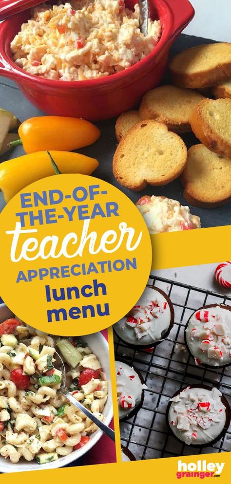 Looking for teacher appreciation ideas as the end of school approaches? Join together with other parents and throw a sweet and simple teacher appreciation lunch to celebrate the educators in your life. Gather a small group and follow this easy teacher appreciation menu. | Holley Grainger - Cleverful Living || #lunchmenu #teacherappreciation #luncheon Teacher Conference Meal Ideas, Lunch For Teachers, Staff Luncheon Ideas, Teacher Lunch Ideas, Teacher Luncheon Ideas, Teacher Appreciation Lunch, Teacher Appreciation Ideas, Luncheon Recipes, Teacher Lunch