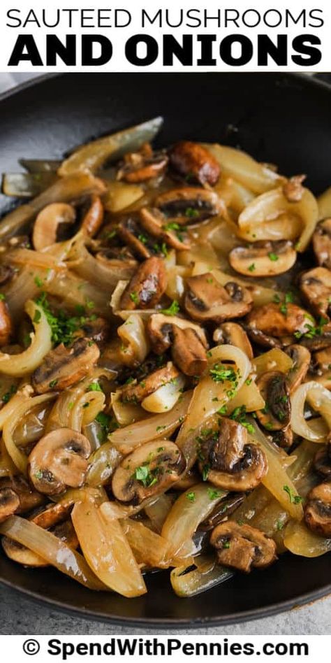 Sauteed mushrooms and onions taste amazing with everything from steak, chicken, pork, & asparagus to peppers and cream sauce. And nothing beats a hamburger with fried mushrooms and onions! #spendwithpennies #sauteedmushroomsandonions #sidedish #recipe Fried Mushrooms And Onions, Pork Asparagus, Garlic Wine Sauce, Sauteed Mushrooms And Onions, Mushroom Side Dishes, Mushroom Recipes Healthy, Mushrooms And Onions, Quiche Recipes Easy, Fried Mushrooms