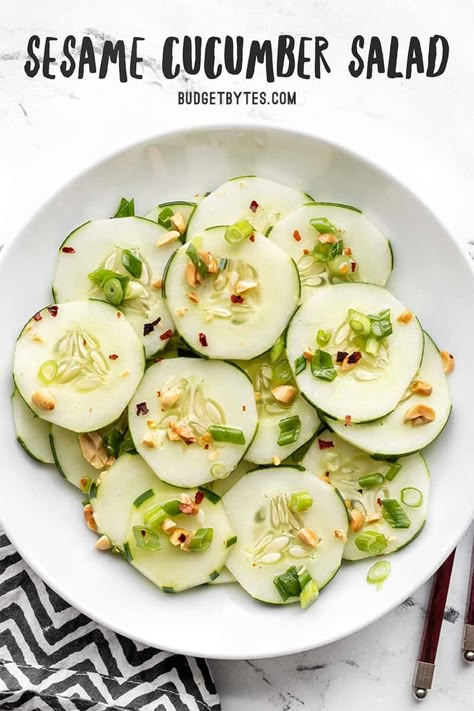 Sesame Cucumber Salad is light, refreshing, and vibrant in flavor. It's the perfect summer side dish or companion to any Southeast Asian inspired meal. Budgetbytes.com Sesame Cucumber Salad, Budget Bites, Vegan Budget, Thai Cucumber Salad, Cucumber Salad Recipe, Budget Bytes, Vegan Salad Recipes, Cucumber Recipes Salad, Cucumber Recipes