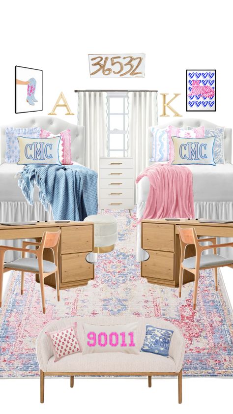 #dormroomdecor Bama Rush Dorm, Pink Blue And White Dorm Room, Navy Blue And Pink Dorm Room, Dorm Room 2024, Dorm Room Inspiration Aesthetic, Form Room Ideas, Dorm Aesthetic Ideas, Sorority Room Decor, Blue And Pink Dorm Room