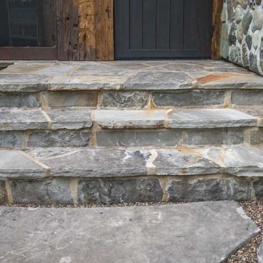 Natural Stone Stairs Stone Porch Steps, Stone Steps Front Door, Natural Stone Stairs, Stone Backyard, House Foyer, Stone Landscape, Stone Porches, Front Door Steps, Porch Stairs