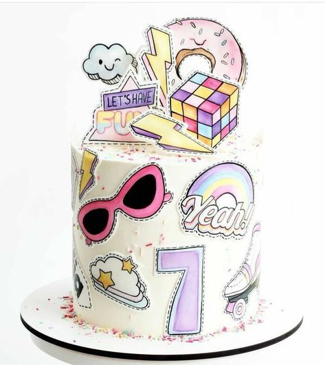 Big girl cake decor inspo, big girl cake,cute cake,cake decor, cake decorating Hot Pink Smiley Face Birthday Cake, Animal Cake Designs, Comic Cake Birthday, Cartoon Cakes For Kids, Cartoon Cake Design, Sprinkle Drip Cake, Comic Cake, Doodle Cake, Cartoon Cake