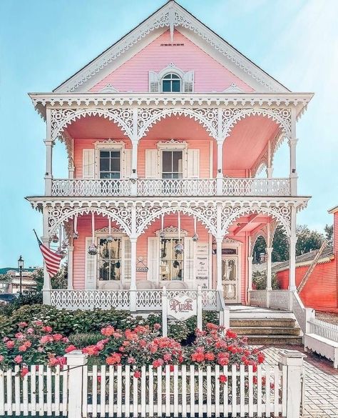 Pink House Exterior, Victorian Porch, White Exterior Houses, Decor Steals, Victorian Dollhouse, Victorian Cottage, Pink House, Victorian Architecture, Pink Kitchen