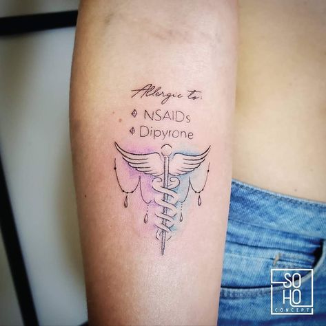 Allergy Tattoo Ideas, Penicillin Allergy Tattoo, Medic Alert Tattoo, Allergy Tattoo, Medical Alert Tattoo, Von Willebrand Disease, Ems Tattoos, Medical Alert, Litter Box