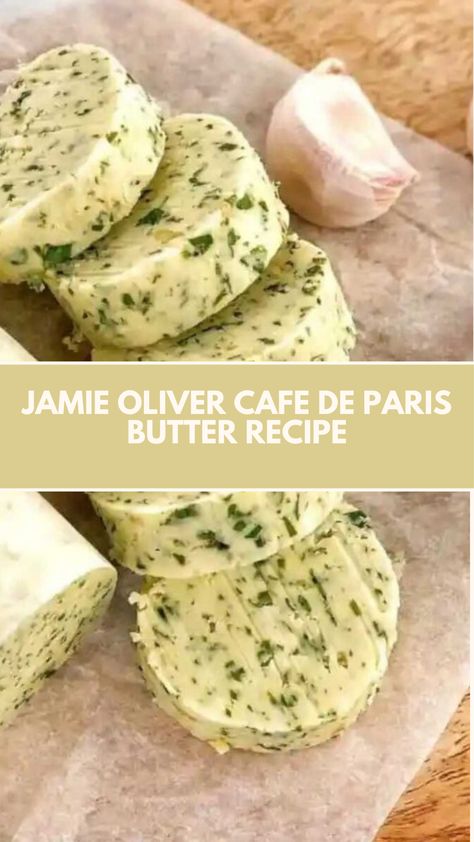 Jamie Oliver Cafe De Paris Butter is made with unsalted butter, Dijon mustard, garlic, chives, flat leaf parsley, Worcestershire sauce, lemon juice, Parmesan cheese, fine salt, and fresh black pepper. This easy original Cafe De Paris Butter recipe creates a flavorful condiment that takes about 10 minutes to prepare and pairs perfectly with beef steaks, fish, or as a spread. Flavored Butter Recipes, Butter Recipes Homemade, Compound Butter Recipe, Herb Butter Recipe, Lemon Garlic Butter Sauce, Sauce Tartare, Butter Pasta, Flavored Butter, Lemon Butter Sauce