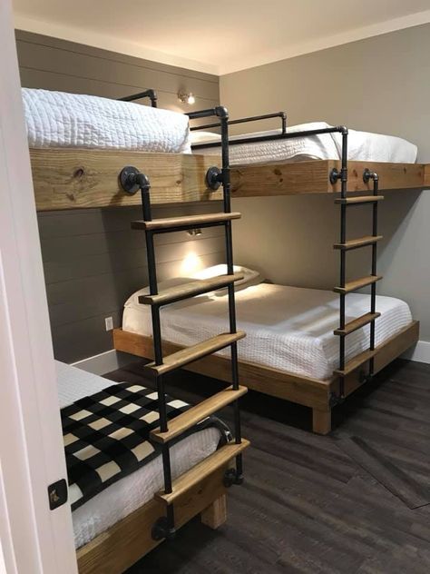 Platform Bunk Beds, 4 Bunks In A Room, Lakehouse Bunk Room, Room With Multiple Beds, Lake Bunkhouse Ideas, Grandkids Bunk Room, Corner Bunk Room Ideas, 3 Beds In One Room Ideas Small Spaces, Small Bunk Rooms