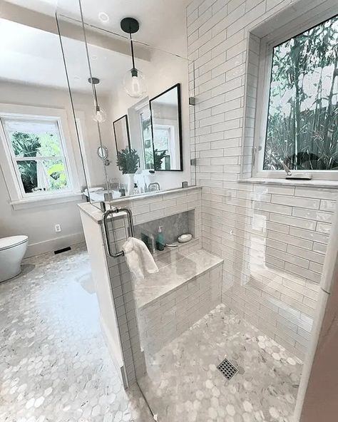 50  Walk-In Showers With Benches: Your Guide to a Spa-Like Bathroom Showers With Benches, Walk In Bathroom Showers, Shower With Seat, Walk In Shower With Bench, Shower With Bench, Farmhouse Rooms, Half Wall Shower, Walk In Shower Ideas, Shed Tiny House