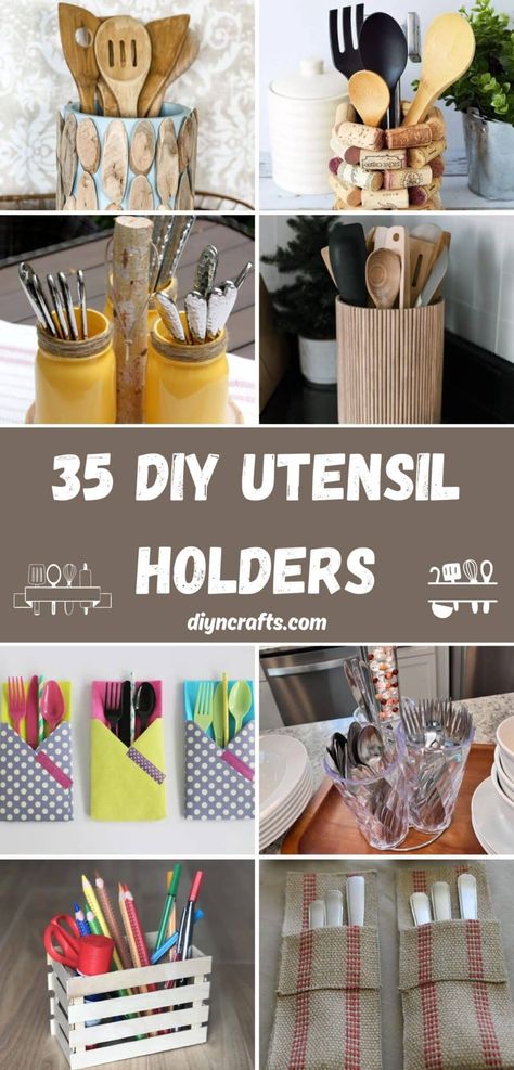 35 DIY Utensil Holders Cutlery Caddy Ideas, Plasticware Holder Ideas, Dollar Tree Utensil Holder Diy, Diy Silverware Holder For Party, Diy Cooking Utensil Holder, Diy Cutlery Holder, Utensil Holder Ideas For Party, Utensil Holder Diy, Kitchen Utensil Holder Ideas