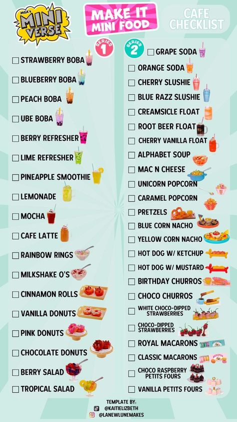 Mini Brands Checklist, Mini Verse Make It Mini Food, Miniverse Remix Ideas, Make It Mini Food, Animale Crossing, Mini Verse, Mini Cafe, Miniture Food, Sleepover Birthday Parties