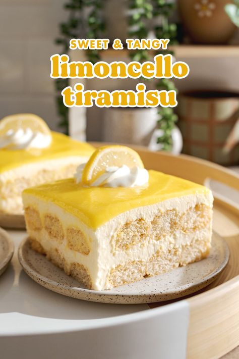 This limoncello tiramisu is made with layers of soft limoncello-soaked ladyfingers, rich mascarpone cream, and lemon curd. It's sweet, tangy, and tastes like sunshine. It's the perfect no-bake dessert! #limoncello #lemoncurd #tiramisu | teakandthyme.com Lemon Tarimasu, Lemon Cream Dessert, Easter Tiramisu, Lemon Teramasoo, Limoncello Curd, Limoncello Dessert, Lemon Tiramisu Recipe, Limoncello Cake Recipe, Lemoncello Tirimasu