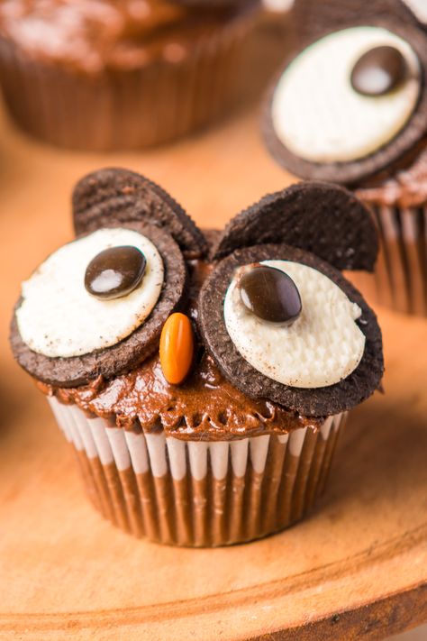 Oreo Owl Cupcakes, Owl Food Art, Easy Owl Cupcakes, Diy Animal Cupcakes, Owl Themed 2nd Birthday Party, Owl Pull Apart Cupcake Cake, Owl Cupcakes Ideas, Owl Cupcakes With Oreos, Animal Muffins