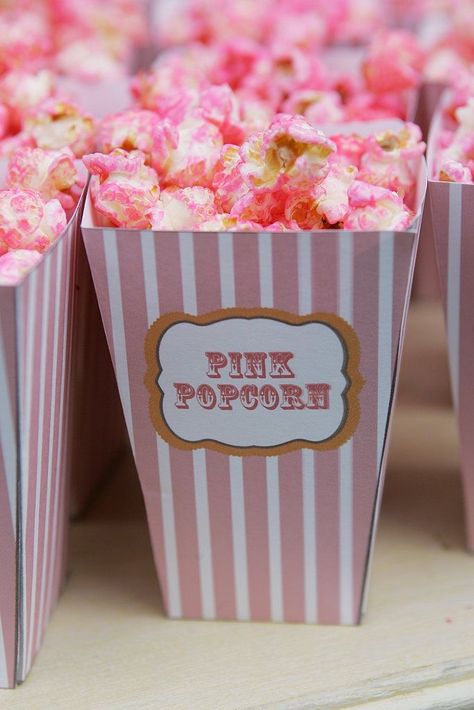 Popcorn Packaging, Pink Snacks, Pink Popcorn, Printable Boxes, Pink Sweets, Birthday Snacks, Barbie Birthday Party, Pink Birthday Party, Pink Foods