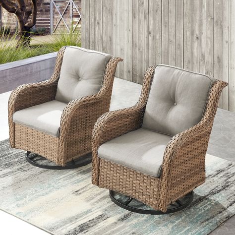 Features: High back & Curved Armrest: These Outdoor Wicker Rocking Lounge Chairs feature a high back and curved arm rest to better to support your neck and arms.The seat is ergonomically widened for optimal comfort. Outdoor Porch Furniture, Wicker Swivel Chair, Bistro Patio Set, Outdoor Wicker Rocking Chairs, Front Porch Furniture, Rattan Light, White Rattan, Outdoor Swivel Chair, Wicker Couch