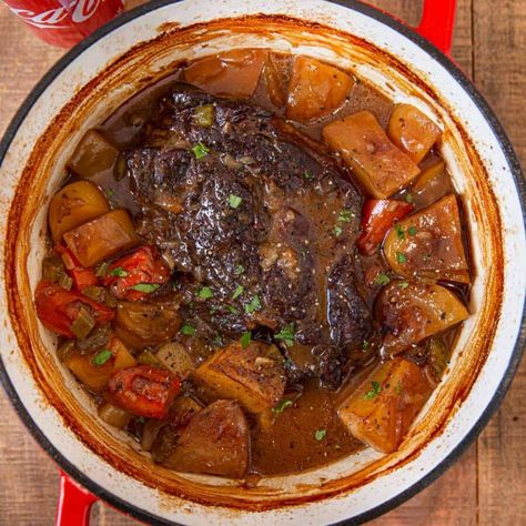 Coca Cola Pot Roast in pot Pot Roast With Coke, Recipe With Chili Sauce, Cooking Roast In Oven, Recipe For Pot Roast, Split Pea Soup Slow Cooker, Cream Of Onion Soup, Leftover Pot Roast, Cooking Roast Beef, Dinner Then Dessert