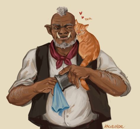 Dnd, Half-Orc, Innkeep, Barkeep, Catlover, NPC, Commission Tavern Keeper, Cowboy Character Design, Sea Monster Art, Npc Art, Dnd Npc, Dnd Crafts, Dungeon Master's Guide, Pirate Art, Tumblr Art