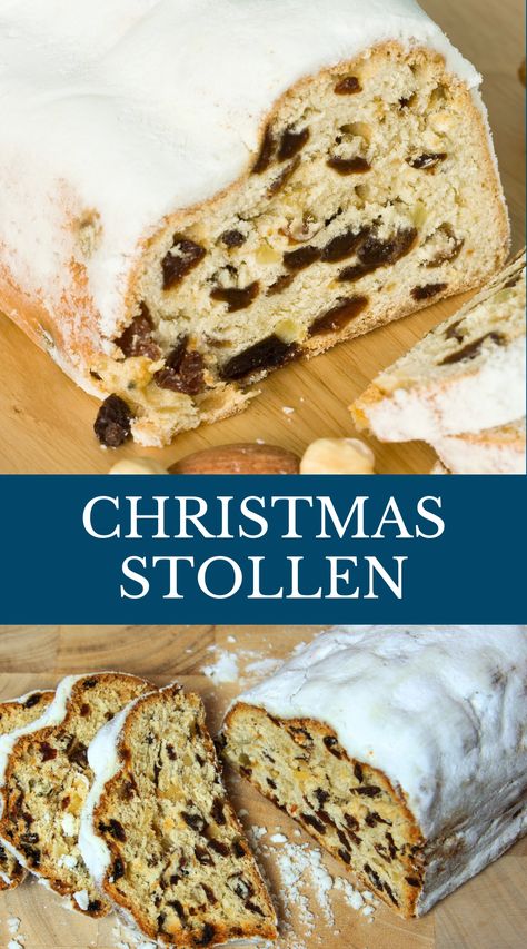 Traditional German Christmas Stollen bread dusted with powdered sugar, ideal for holiday gatherings and festive gifts.Christmas Bread, Christmas Stollen,Christmas Party Food Recipes European Christmas Treats, German Christmas Stolen, German Stollen Recipe Easy, Christmas Stolen Recipes, Stollen Bread Recipe, German Stollen Recipe, Stollen Cookie, Easy Stollen Recipe, German Christmas Stollen Recipe