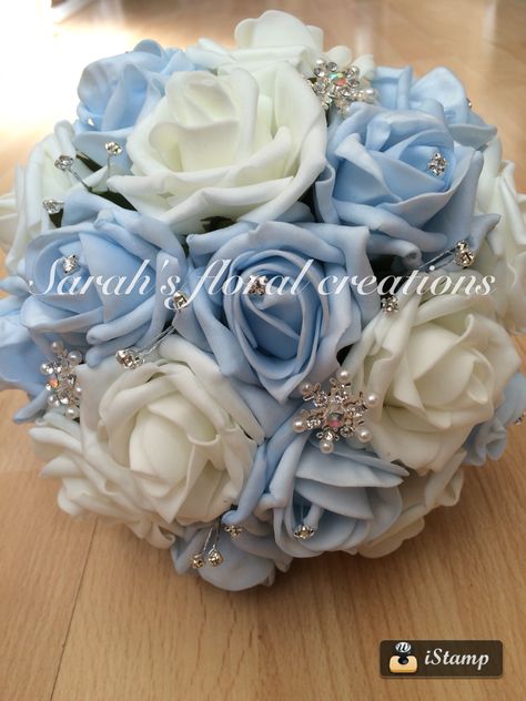 Baby blue & white bridal bouquet Light Blue Sweet 16 Party Ideas, Baby Blue Flower Bouquet, Blue And White Quince, Baby Blue Wedding Decorations, Light Blue Butterfly Quinceanera Theme, Blue Quinceanera Bouquet, Light Blue Quince Bouquet, Light Blue Quince Ramo, Cinderella Flower Bouquet