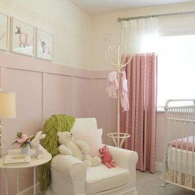 Love the pink wainscotting and curtains Wainscoting Nursery, Wainscoting Kitchen, Faux Wainscoting, Painted Wainscoting, Wainscoting Bedroom, Dining Room Wainscoting, Red Dining Room, Wainscoting Styles, White Wainscoting