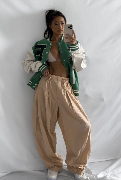 Recreate a version of this outfit on Amazon. IG: jennifer__chong Trendy Streetwear Outfits for Women | Letterman Jacket with Baggy Pants Trendy Streetwear, Letterman Jacket, Baggy Pants, Outfits For Women, Baggy Pant, Streetwear Outfits, Streetwear Women, Street Wear, For Women