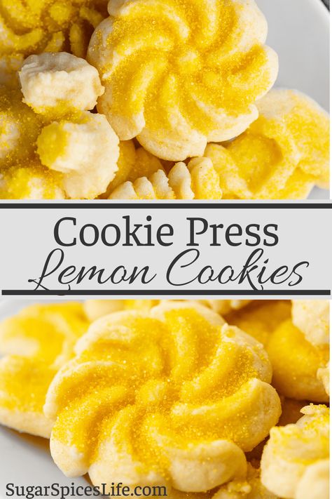 Cookie Press Lemon Cookies Recipe - Sugar Spices Life Cookie Press Cookies, Press Cookies, Cream Cheese Spritz Cookies, Cookie Press Recipes, Cream Cheese Cookie, Christmas Spritz Cookies, Lemon Cookies Easy, Spritz Cookie Recipe, Lemon Crinkle Cookies