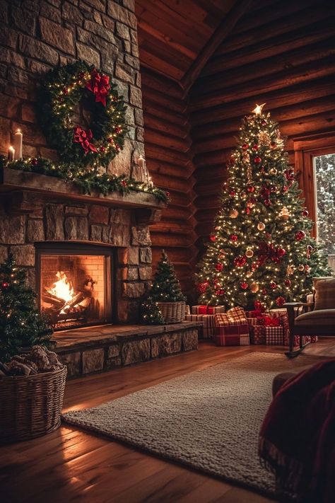 Christmas Cabin In The Woods Living Room, Christmas Tree With Fireplace, Christmas Tree By The Fireplace, Christmas In Cabin, Woodsy Christmas Aesthetic, Forest Christmas Aesthetic, Log House Christmas Decorating, Cozy Cottage Christmas Tree, Cozy Christmas Living Room Fireplaces