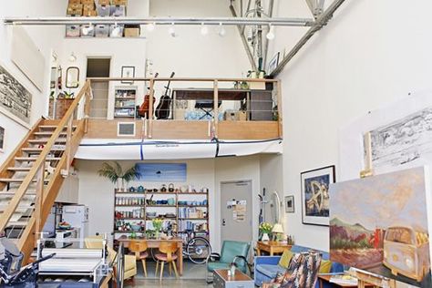 Sirima's Vintage Industrial Artist's Loft | Apartment Therapy California Loft Apartment, Live In Art Studio, Artists Apartment, Artist Loft Apartment, Artist Apartment, Mezzanine Design, Home Art Studios, Live Work Studio, Live Work Space