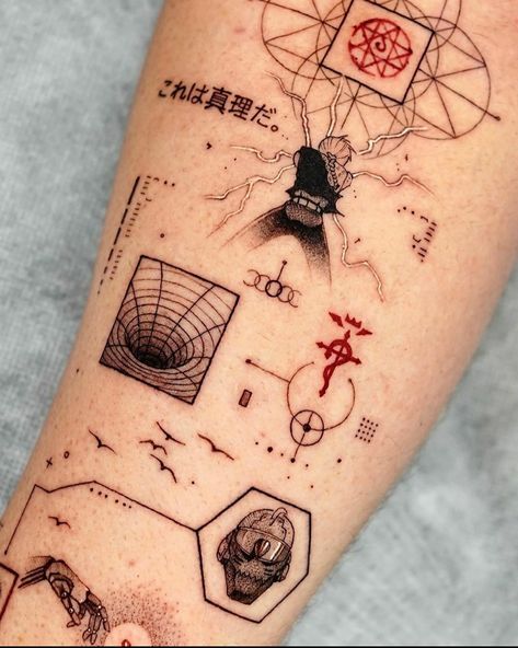 Fullmetal Alchemist Brotherhood Tattoos, Elric Brothers Tattoo, Doma Demon Slayer Tattoo, Nerdy Patchwork Tattoo, Sketch Book Tattoo Ideas, Liminal Space Tattoo, Fullmetal Alchemist Tattoos, Full Metal Alchemist Brotherhood Tattoo, Gamer Tattoos Men