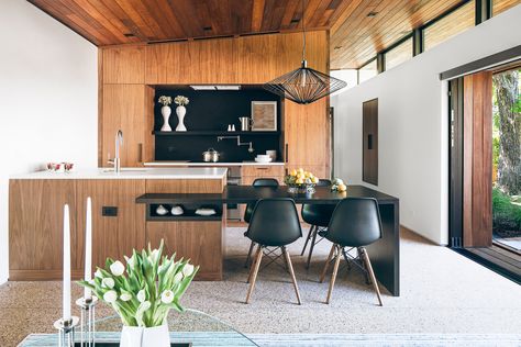 Midcentury Architecture, Midcentury House, Custom Dining Tables, Open Cabinets, White Paint Colors, Terrazzo Flooring, Eames Chairs, Cluster Pendant, In Kitchen